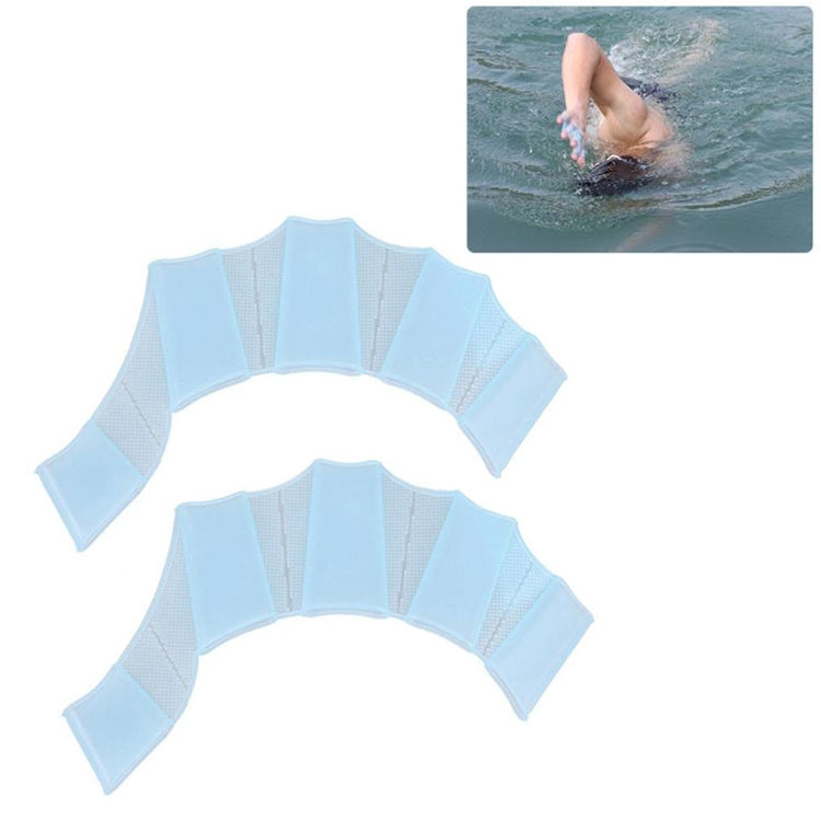 Light blue silicone finger swim gloves with open webbed paddle sections
