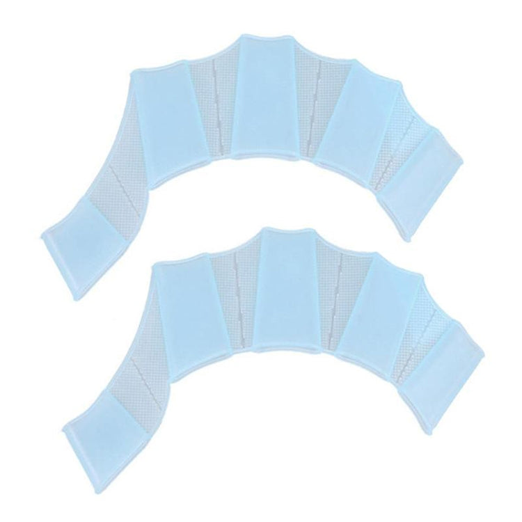 Light blue silicone webbed swim glove fins with finger paddle sections, pair set