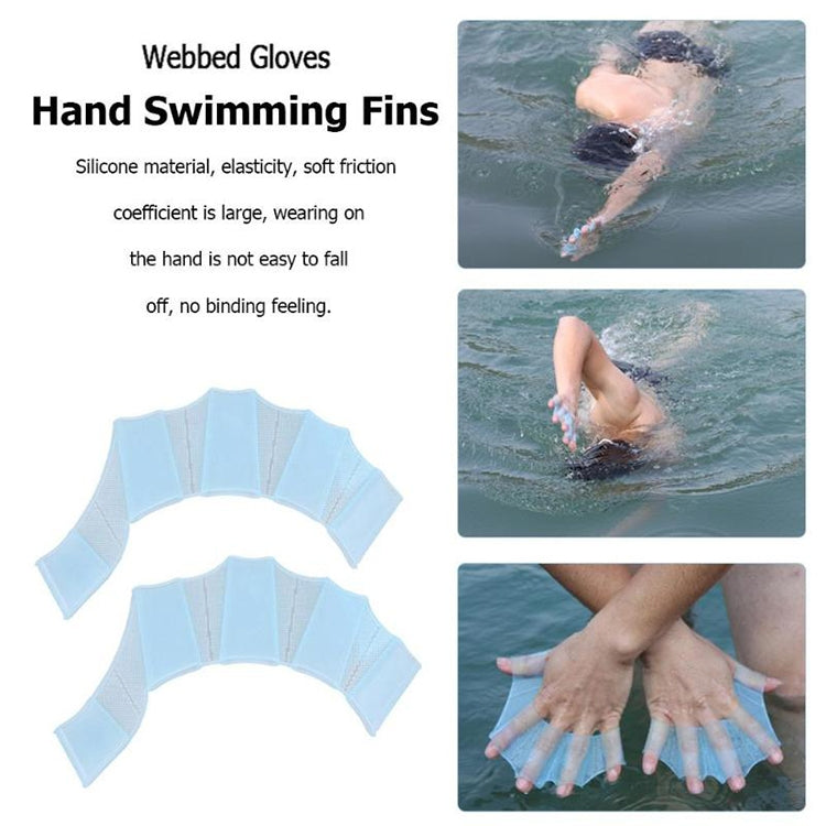 Light blue silicone webbed hand swimming fins with finger paddle sections