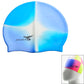 Silicone swimming cap with light blue and cyan gradient, logo on the front