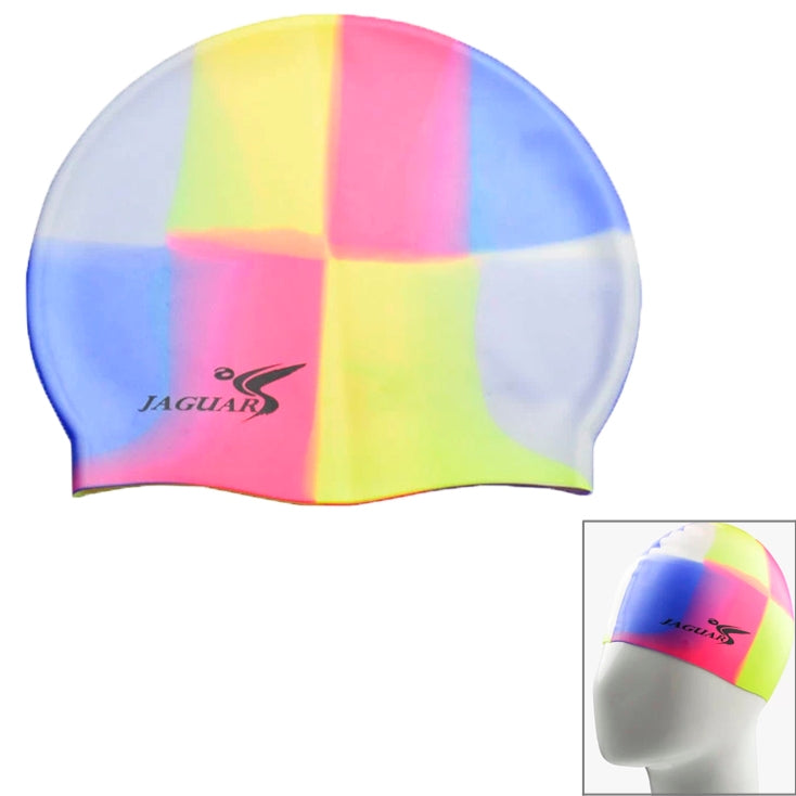 Silicone swimming cap with multicolor check pattern, pink, blue, green, and yellow logo