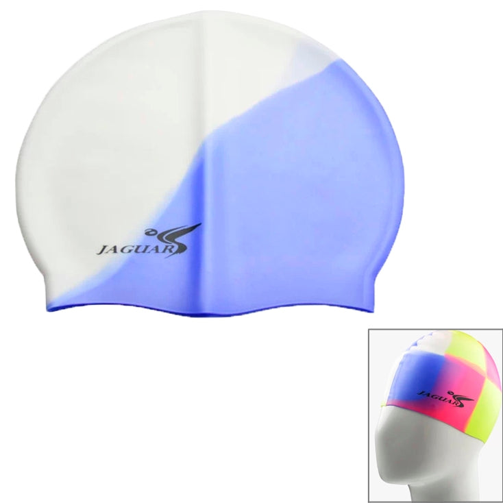 Two-tone silicone swimming cap, white and blue panel design with front logo