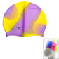 Rainbow-pattern silicone swimming cap in yellow and purple with front logo