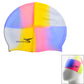 Silicone swimming cap with rainbow panel pattern in blue, pink, and yellow with logo