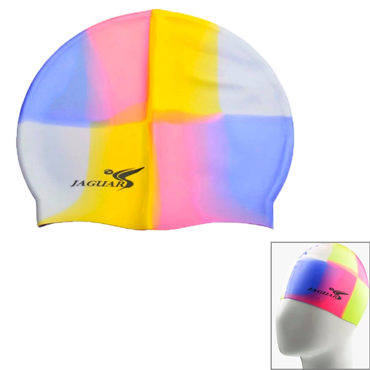 Silicone swimming cap with rainbow panel pattern in blue, pink, and yellow with logo