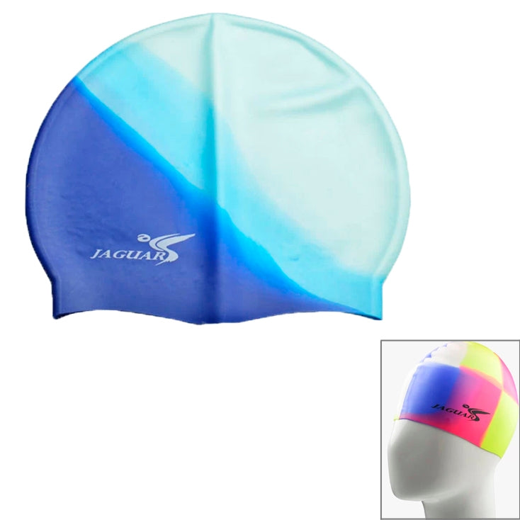 Two-tone silicone swimming cap in light blue with darker blue side panel and front logo