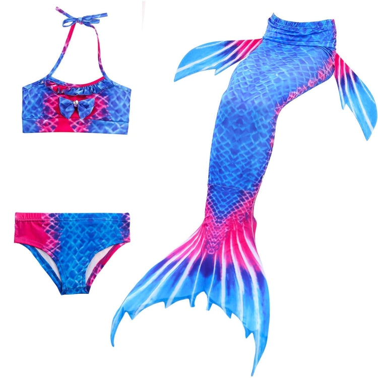 3-piece children’s mermaid swimwear set: halter top, bikini bottoms, tail fin, blue/pink