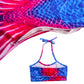 Children's mermaid swim top with blue and pink scaled pattern and tied straps