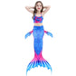 Children's mermaid tail swimsuit set front view in blue and pink, size 110