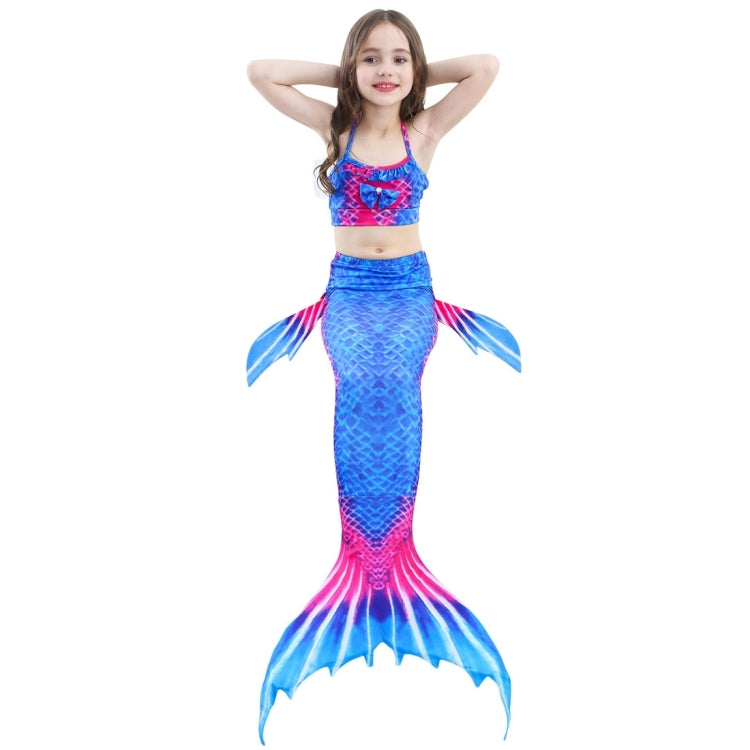 Children's mermaid tail swimsuit set front view in blue and pink, size 110
