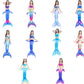 Children's mermaid tail swimsuit set shown in multiple poses, blue and pink