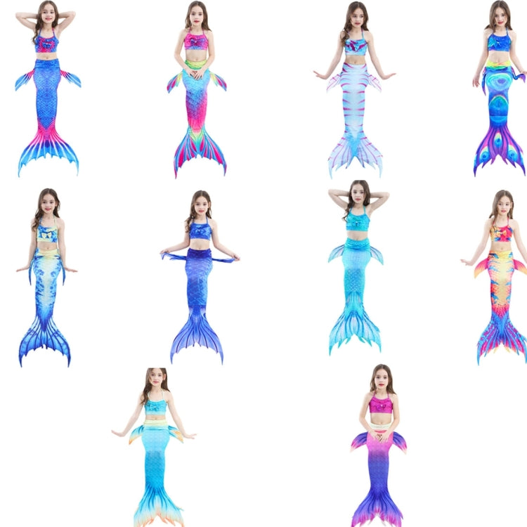 Children's mermaid tail swimsuit set shown in multiple poses, blue and pink