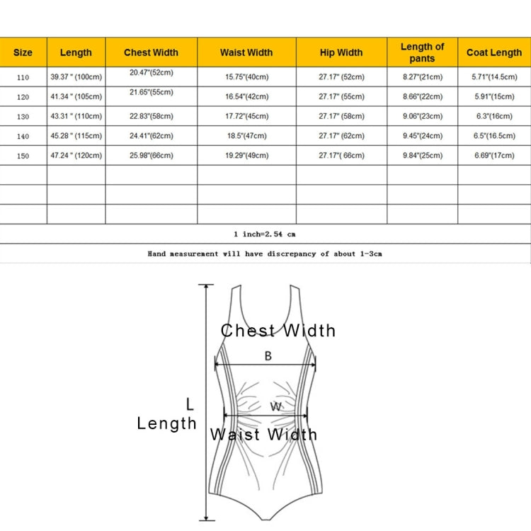 Children's mermaid swimwear size chart with chest, waist, hip, and length measurements