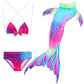 Kids mermaid swim bikini set with magenta triangle top, matching bottoms, and tail