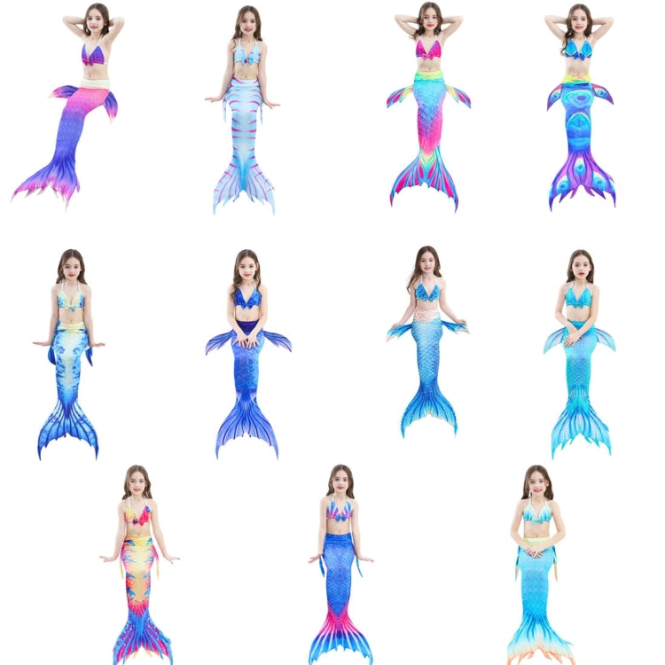 Kids mermaid tail bikini set shown in multiple views with long finned tail
