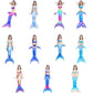 Kids mermaid tail swimsuit set shown from multiple angles, pink-and-blue scales