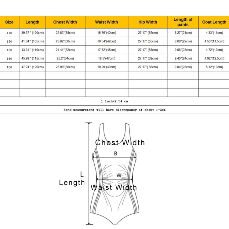 Kids mermaid swimsuit size chart diagram with chest, waist, hip, and length measurements