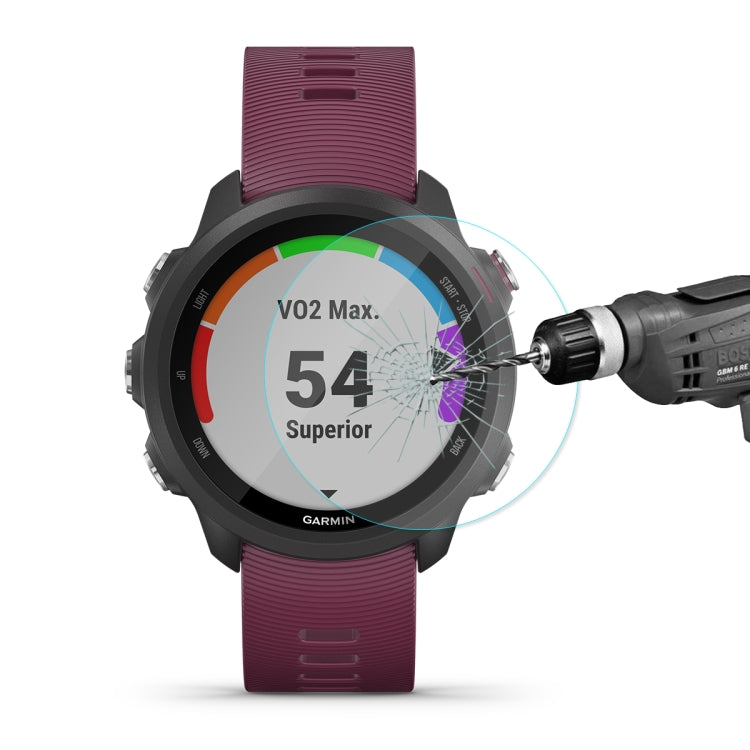 Tempered glass screen protector film for Garmin smartwatch, shown on purple-banded watch