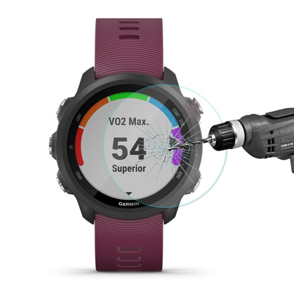 Tempered glass screen protector film for Garmin smartwatch, shown on purple-banded watch
