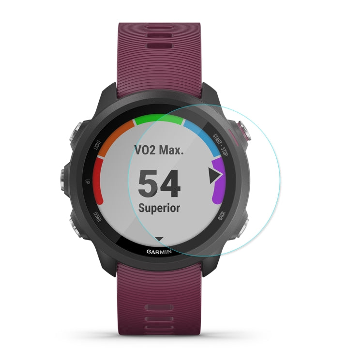 Tempered glass screen protector film for smartwatch, aligned on purple watch face