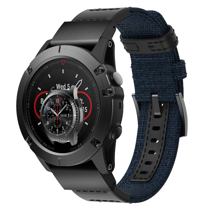 Canvas and leather watch band with blue woven strap and black clasp, smartwatch displayed