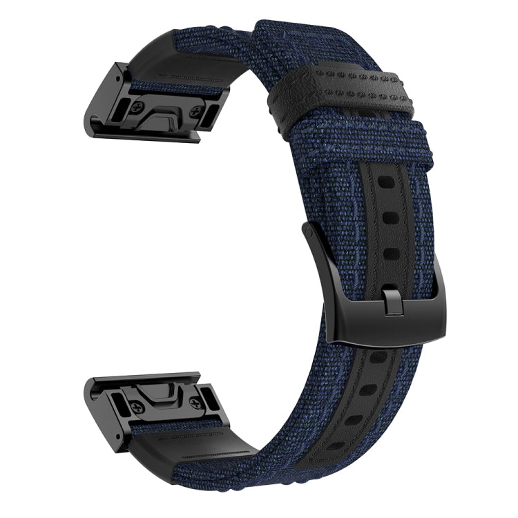 Canvas and leather watch band with blue woven strap and black pin buckle, rear view