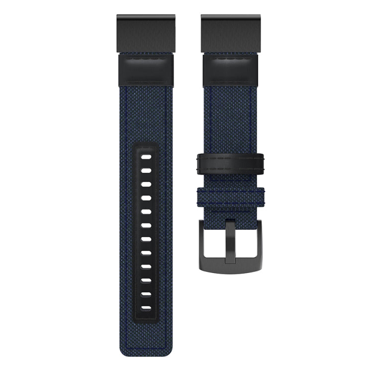 Blue canvas watch band with black leather-look keeper and adjustable strap holes
