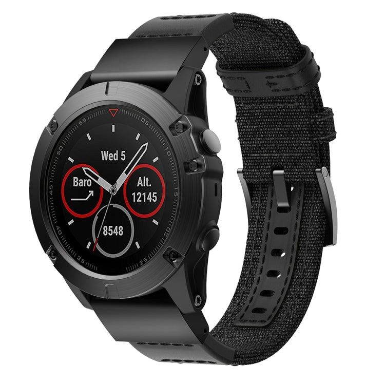 Canvas and leather watch band with black woven strap and black buckle, watch face shown