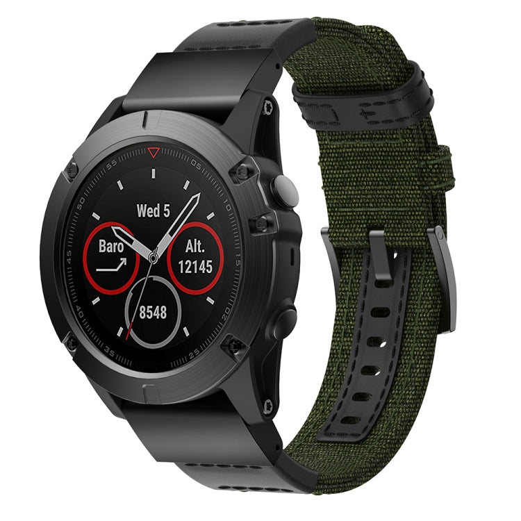 Canvas and leather watch band with army green woven strap and black buckle, watch visible