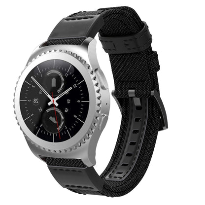 Smartwatch wrist strap with black woven canvas band and black leather-style buckle keeper