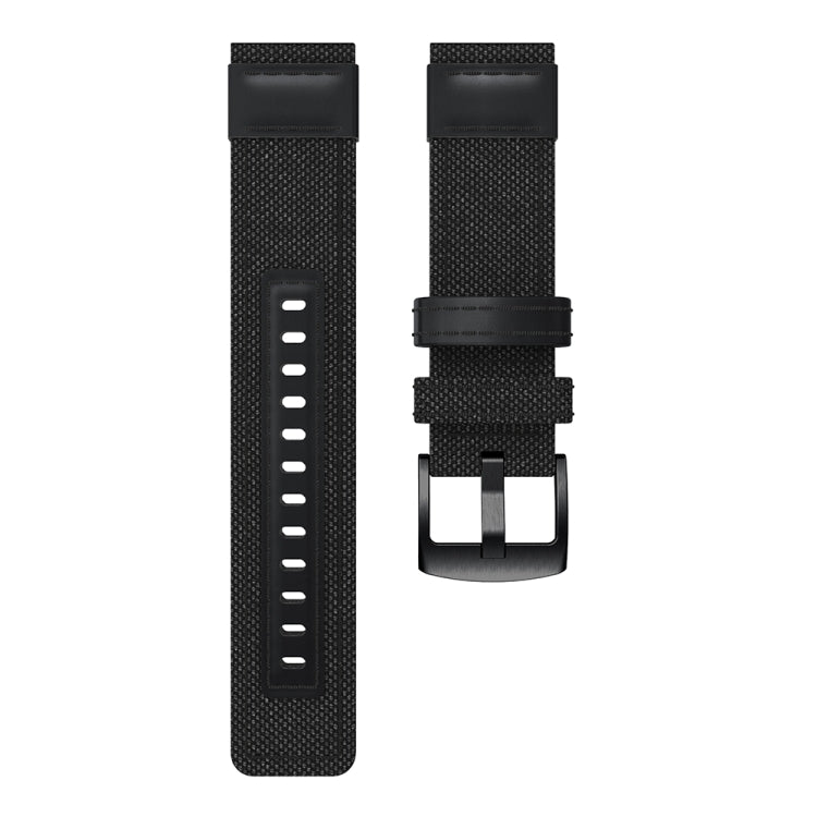 Smartwatch replacement band in black woven canvas with metal buckle and strap holes