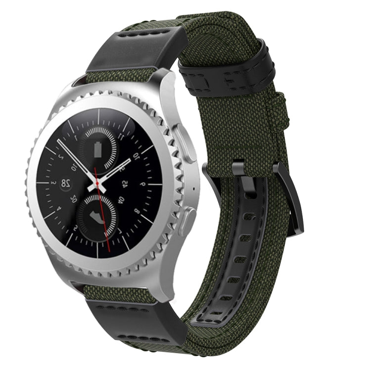 Smartwatch wrist strap with army green woven canvas band and black buckle keeper