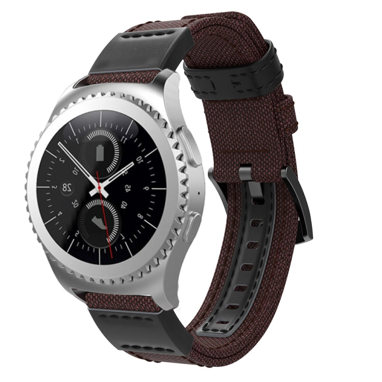 Smartwatch wrist strap with brown woven canvas band and black buckle keeper