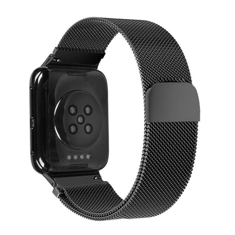 Black Milanese metal mesh watch strap with buckle and clasp, shown with a smartwatch