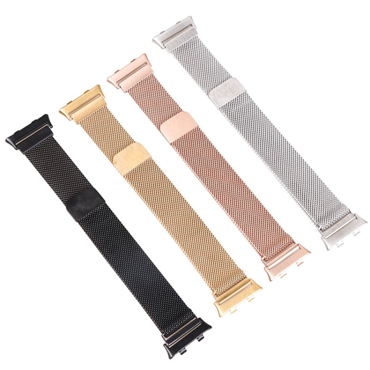 Milanese stainless steel watch straps in black, silver, gold, and rose with metal clasps