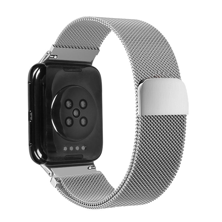 Silver Milanese metal mesh watch strap with buckle and clasp, shown with smartwatch