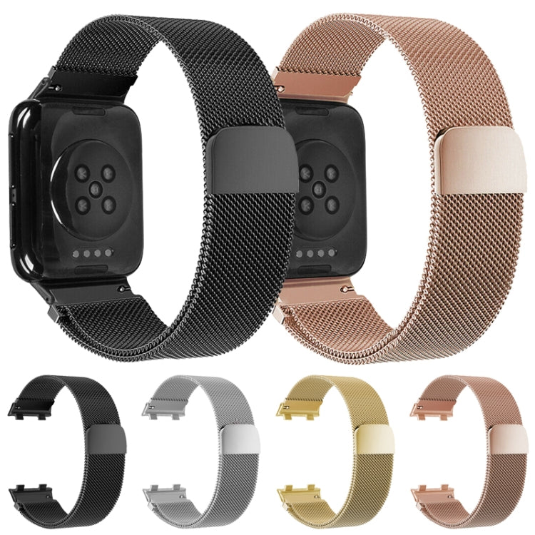 Assorted Milanese metal mesh watch straps with attached smartwatch in black, silver, gold, rose
