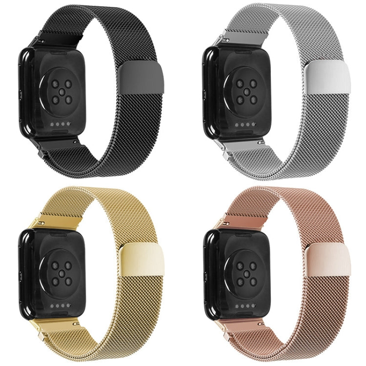 Assorted milanese stainless steel smartwatch bands: black, silver, gold, rose