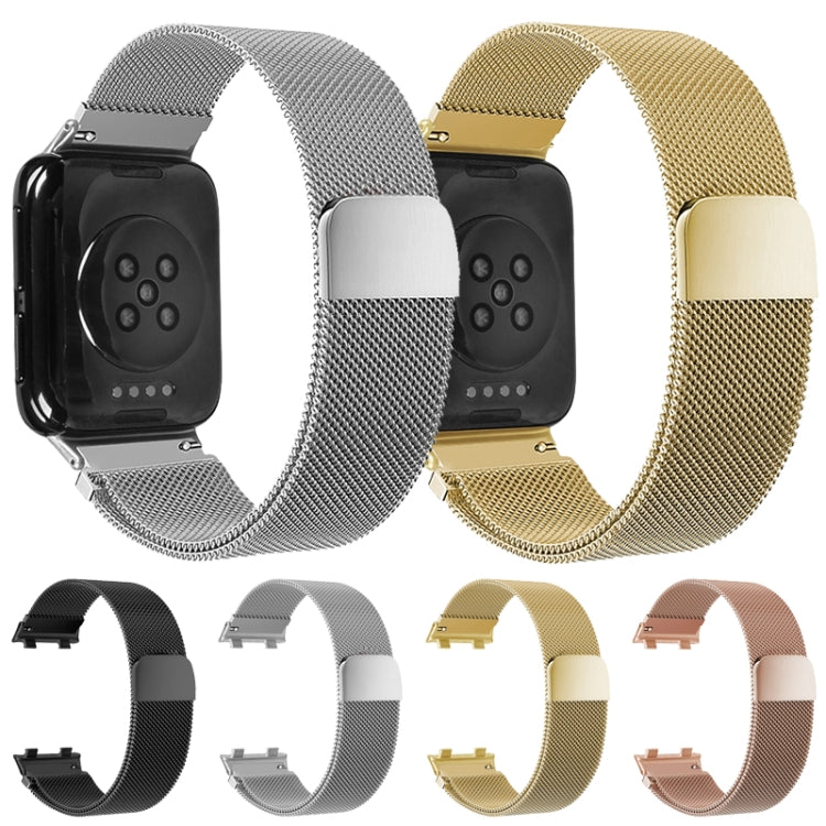 Multiple milanese stainless steel smartwatch bands shown together in assorted colors