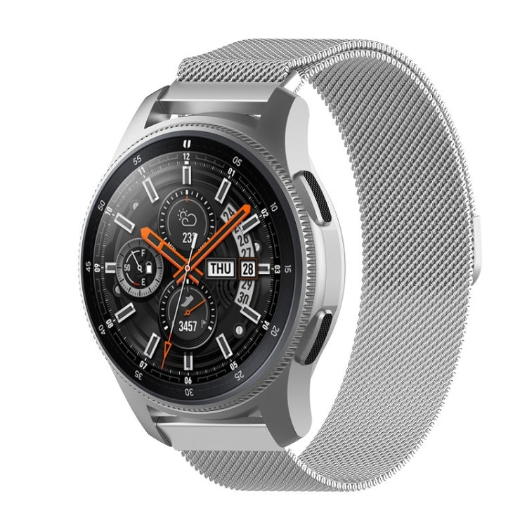 46mm smartwatch with silver Milanese mesh stainless strap, black dial