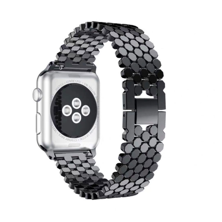 Honeycomb stainless steel watch strap with black links for Apple Watch.