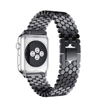 Honeycomb stainless steel watch strap with black links for Apple Watch.