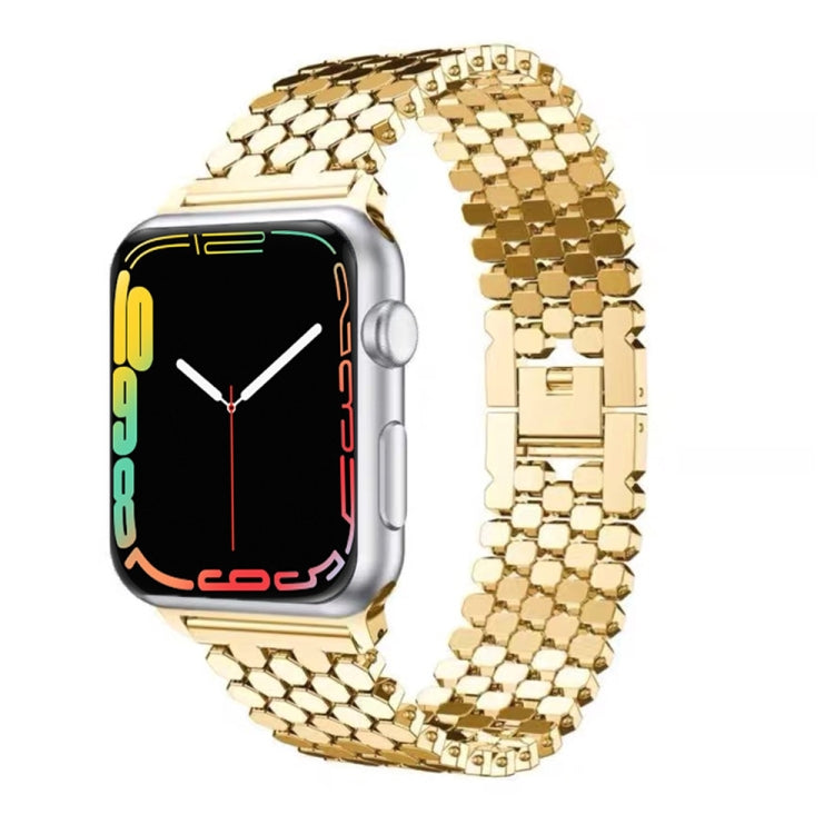 Honeycomb stainless steel watch strap in gold with square link pattern for Apple Watch.