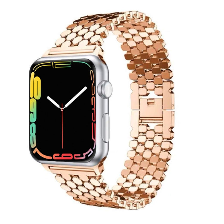 Honeycomb stainless steel watch strap in rose gold with square link pattern for Apple Watch.