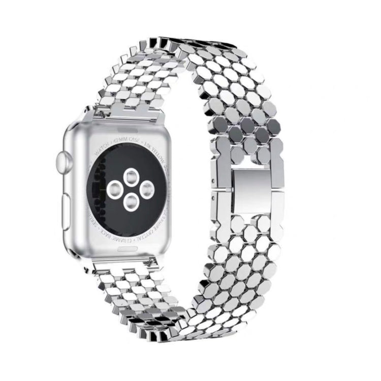 Honeycomb stainless steel watch strap in silver with square link pattern for Apple Watch.