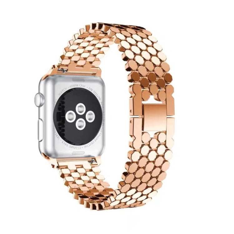 Honeycomb stainless steel watch strap in rose gold with square link pattern for Apple Watch.