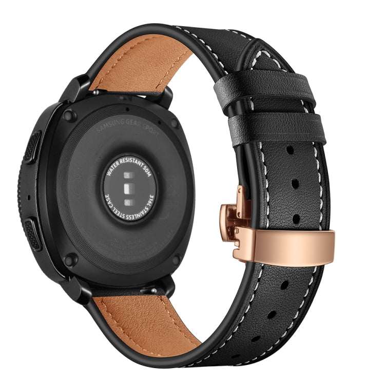 Leather watch strap with butterfly buckle, black with rose gold-tone clasp and stitching