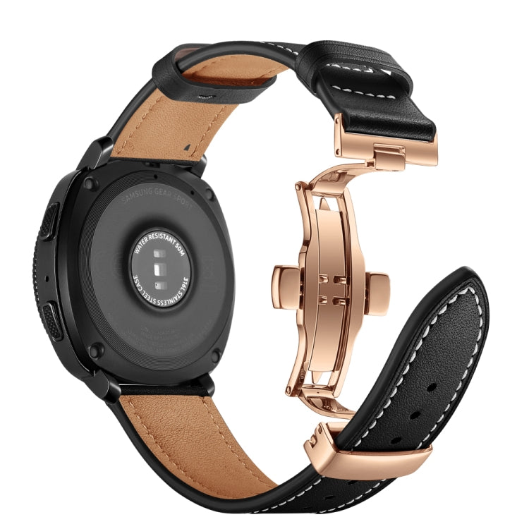 Leather watch strap with butterfly buckle, black band with rose gold-tone clasp