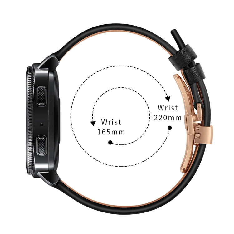 Leather watch strap with butterfly buckle, black with rose gold-tone clasp