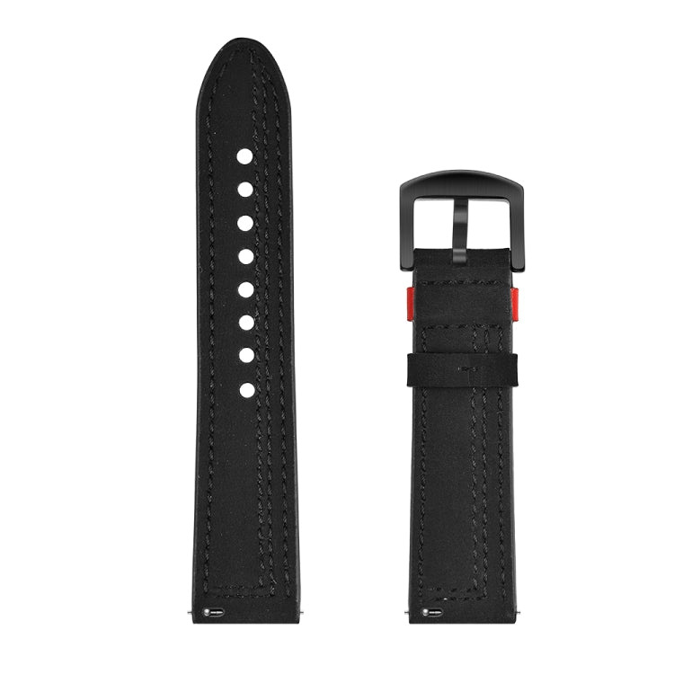 Black leather watch strap with perforated stitch holes and metal buckle, no watch shown